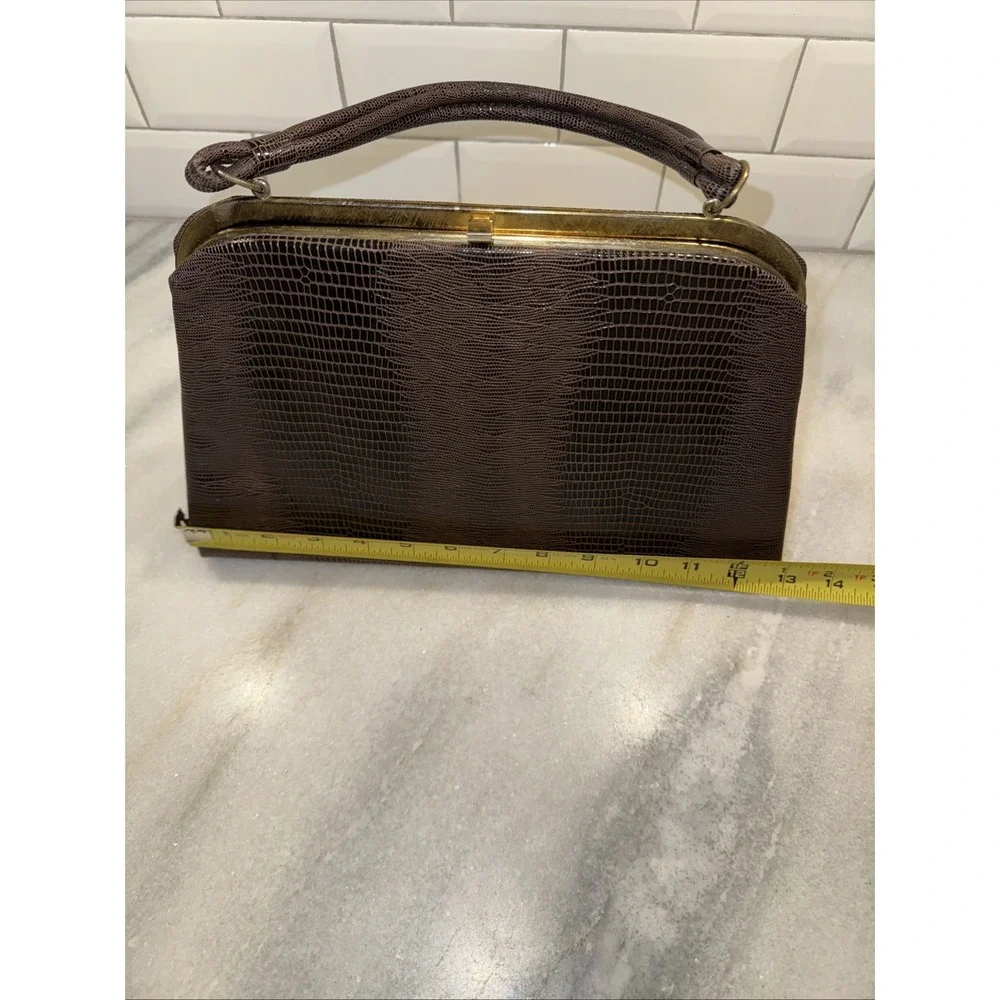 Vintage Dover Brown Faux Croc Reptile Purse Handbag Clamshell Gold HardwareGW997